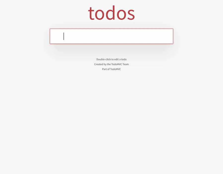 TodoMVC のページ。todos の見出しと、カーソルの入った入力欄、その下に Double-click to edit a todo などの説明が出ている。